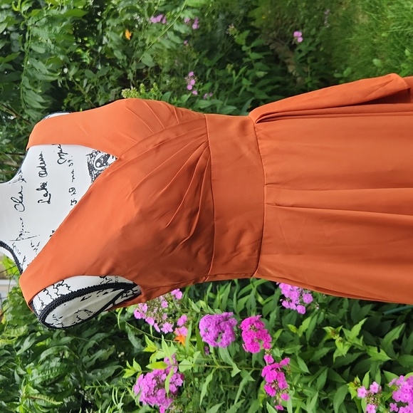 Women's Wedding, Bridesmaids, Formal Draped Burnt Orange V-Neck,  Dress - Picture 5 of 12